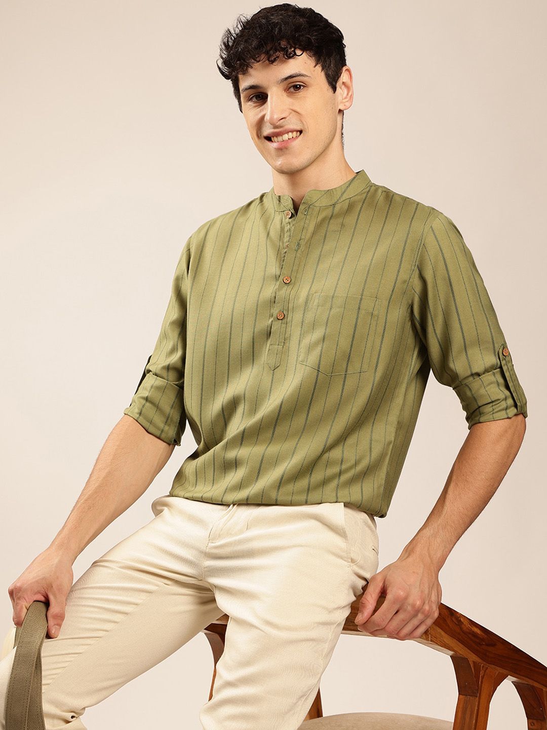 Anouk Striped Mandarin Collar Roll-Up Sleeves Short Kurta