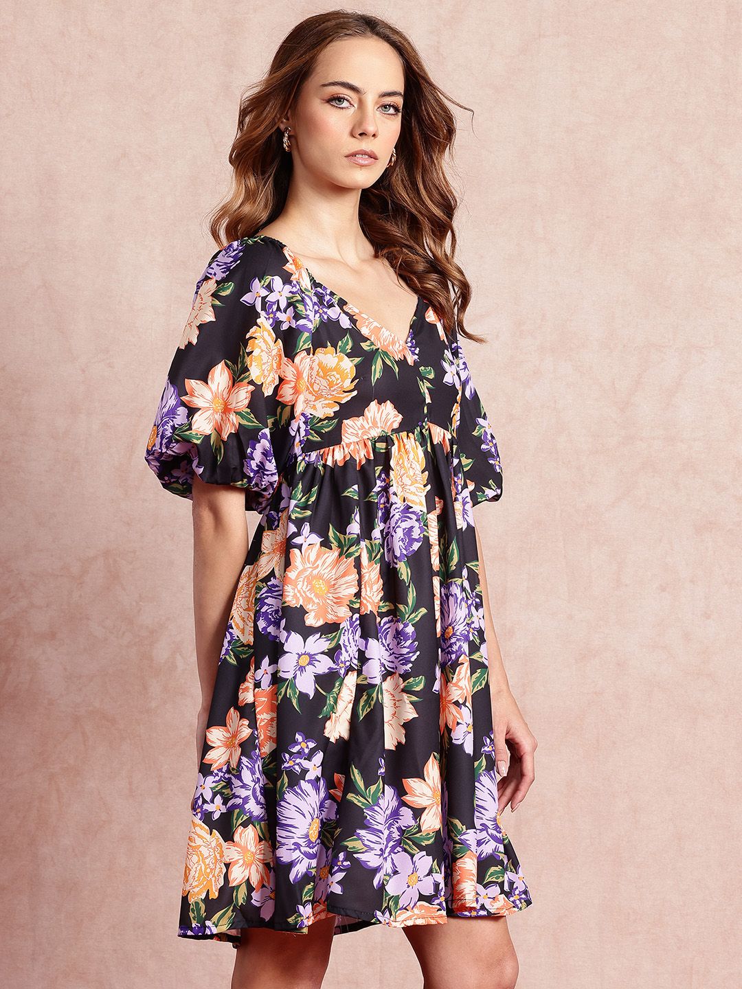 all about you Floral Print Puff Sleeves A-Line Dress