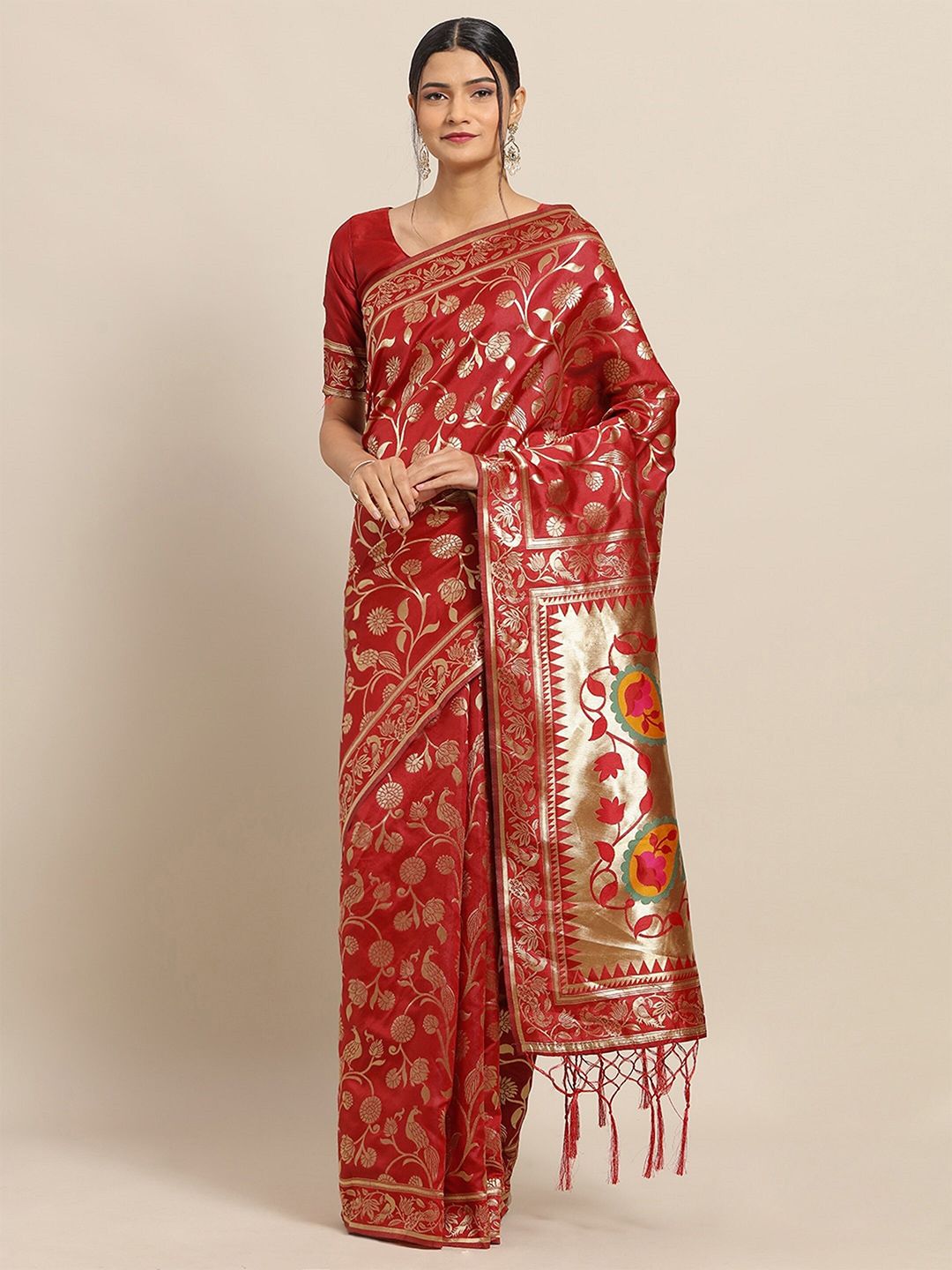 Saree mall Floral Woven Design Zari Silk Blend Banarasi Sarees