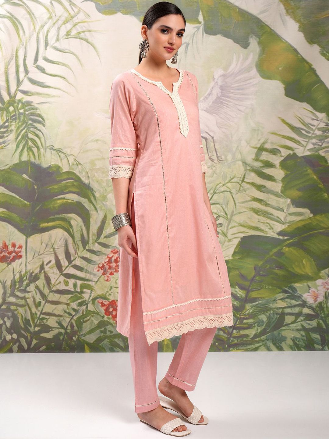 Vishudh V Neck Pure Cotton Straight Kurta & Trousers With Dupatta
