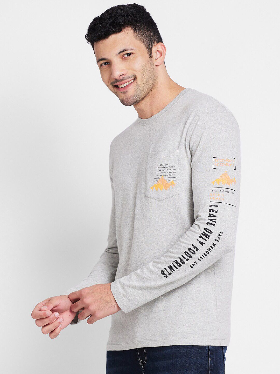 Being Human Typography Printed Round Neck Long Sleeves Pockets Regular T-shirt