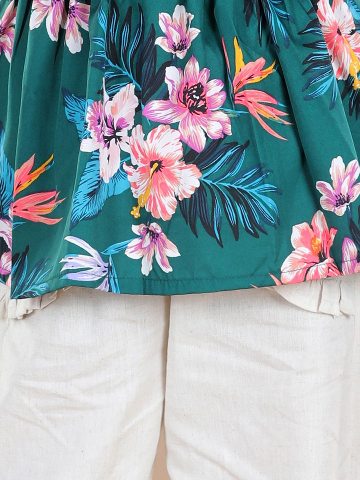 Cutiekins Girls Teal & Off White Floral Top with Palazzos