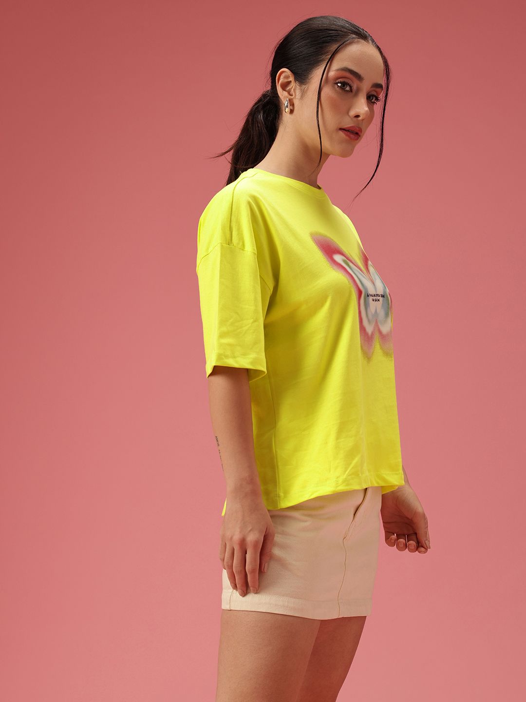 DressBerry Printed Drop-Shoulder Sleeves Relaxed Fit Pure Cotton T-shirt