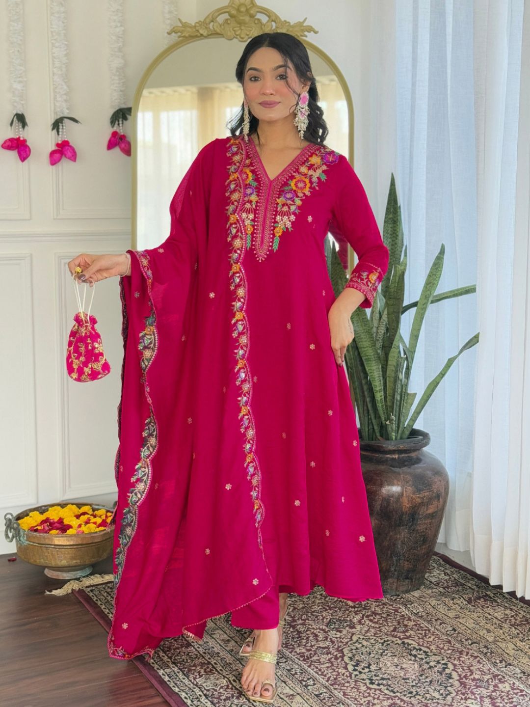 KALINI Women Floral Embroidered Regular Thread Work Kurta with Trousers & With Dupatta