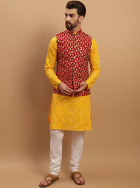 SOJANYA Kurta Kapas Tulen Bersulam Labuci dengan Jaket Churidar & Nehru Bersulam