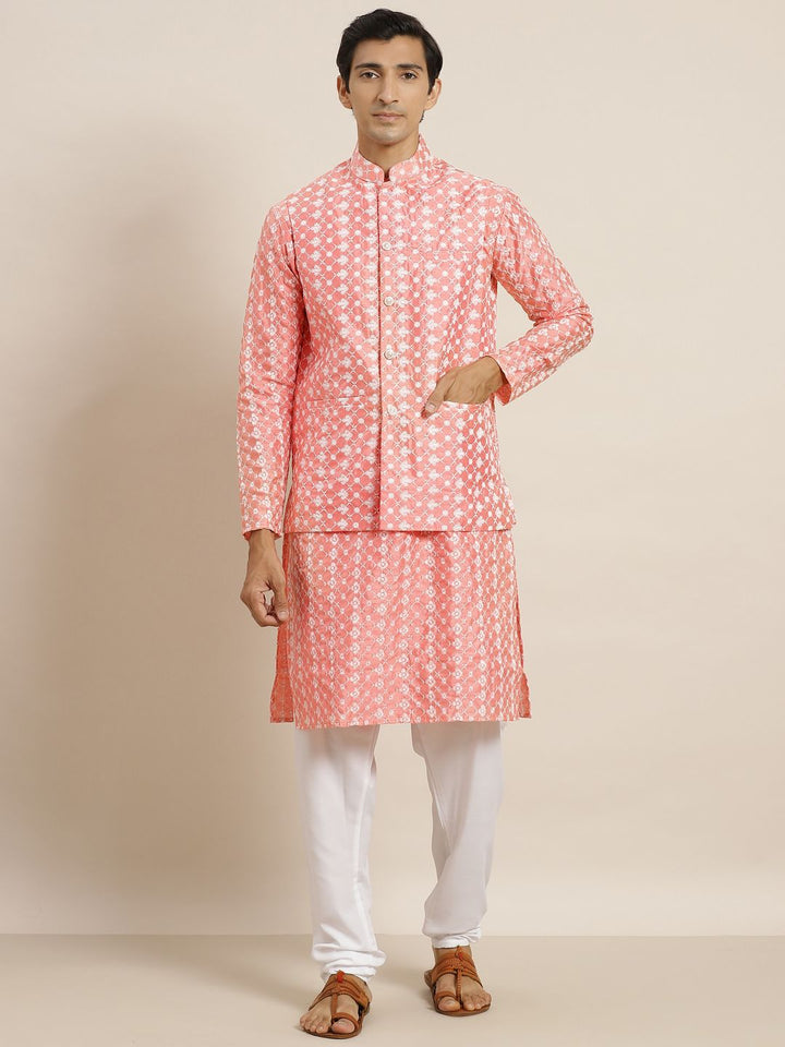 SOJANYA Men Coral Pink & White Floral Embroidered Kurta Set & Nehru Jacket
