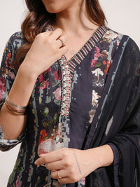 Vishudh Blue Floral Printed Regular Thread Work Kurta with Trousers & Dupatta