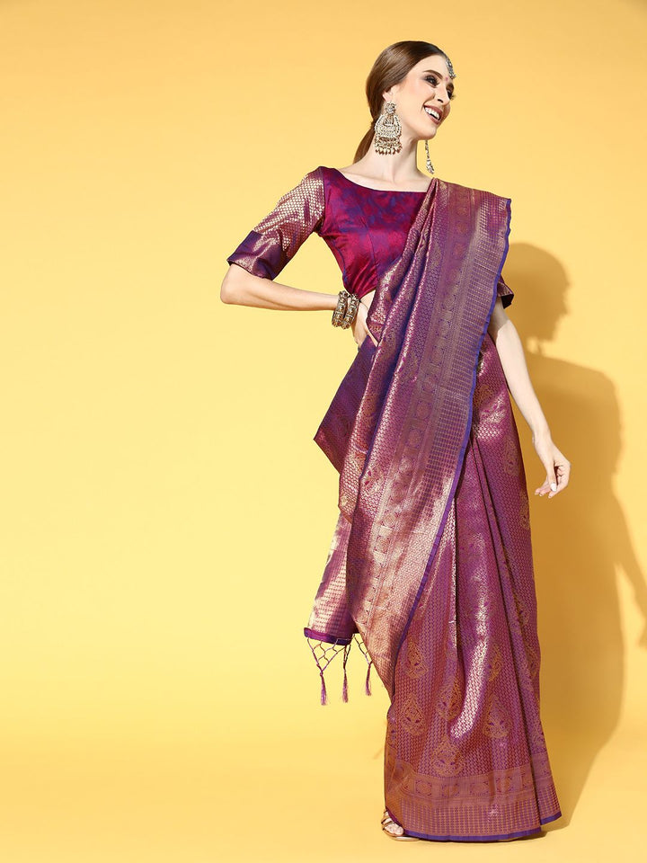 Saree mall Purple Floral Zari Silk Blend Banarasi Sarees