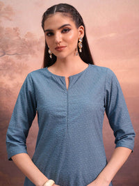 Vishudh Blue Floral Embroidered Notched Neck Straight Kurta