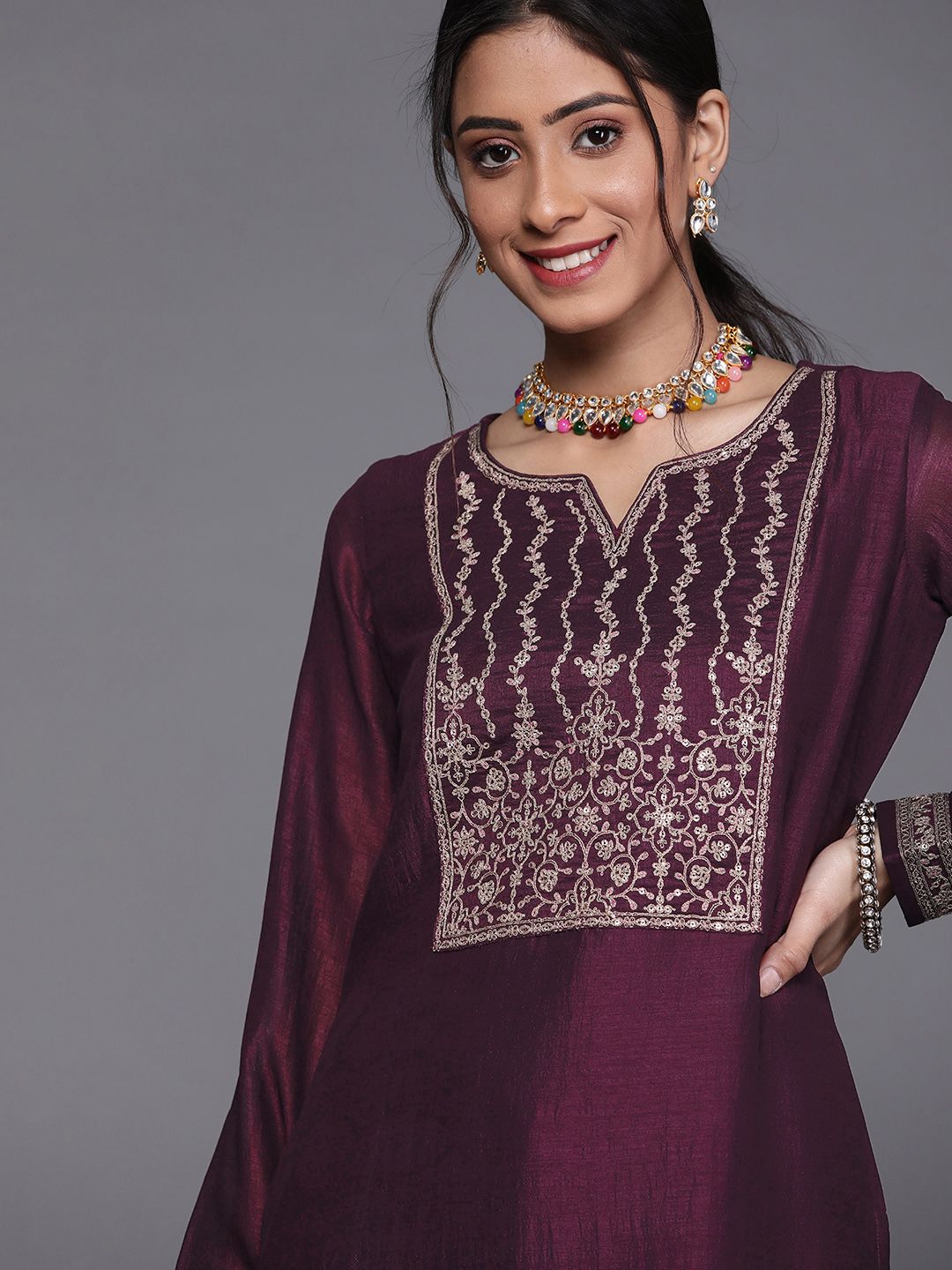 Libas Women Purple Floral Yoke Design Kurta