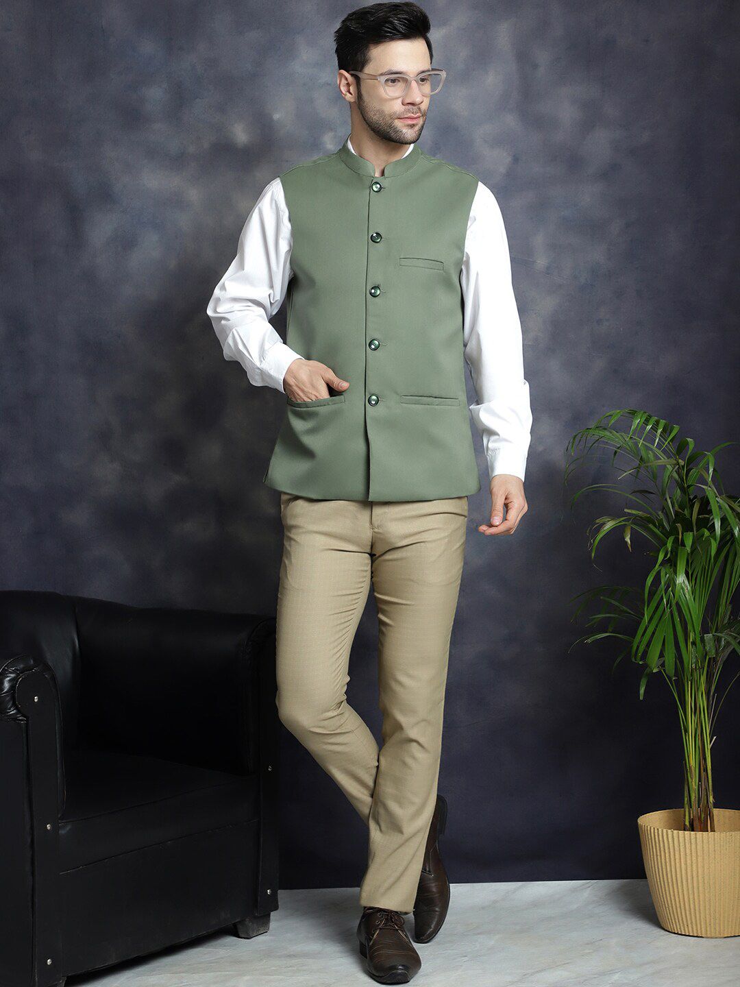 Anouk Green Mandarin Collar Woven Nehru Jacket