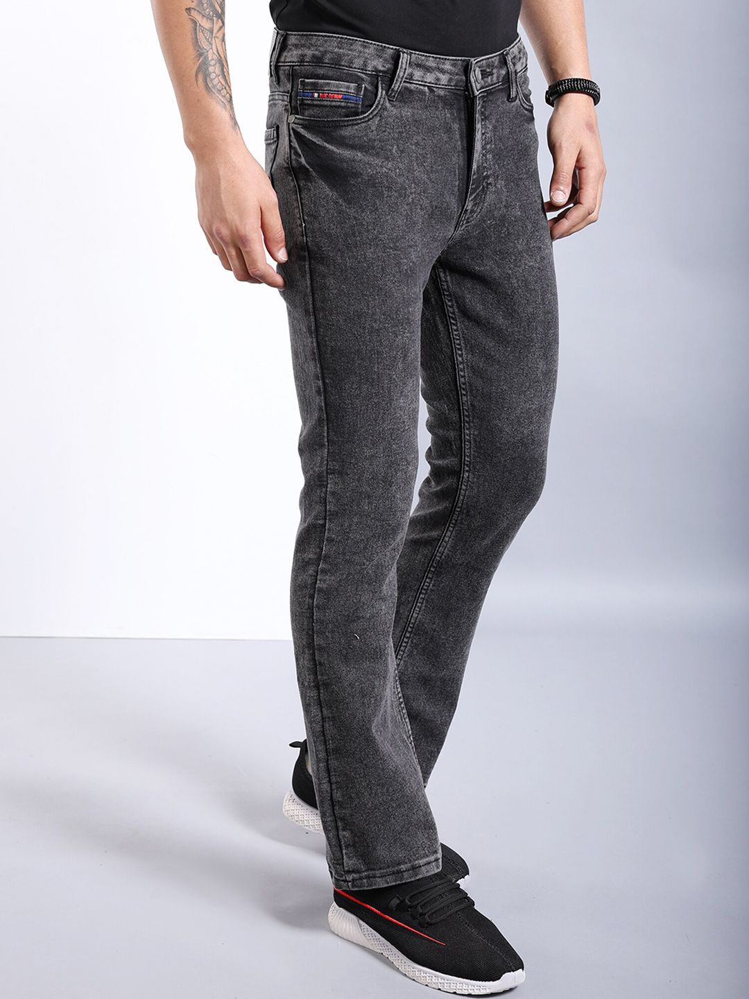 The Indian Garage Co Men Black Mid-Rise Bootcut Clean Look Heavy Fade Stretchable Jeans