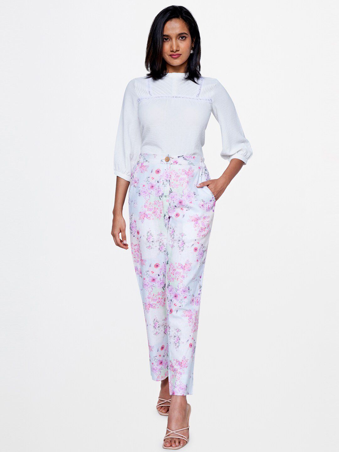 AND Round Neck Puffed Sleeves Gathered or Pleated Top