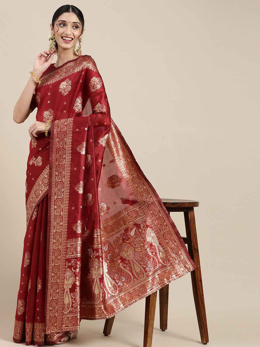 Saree mall Maroon Floral Silk Blend Banarasi Sarees