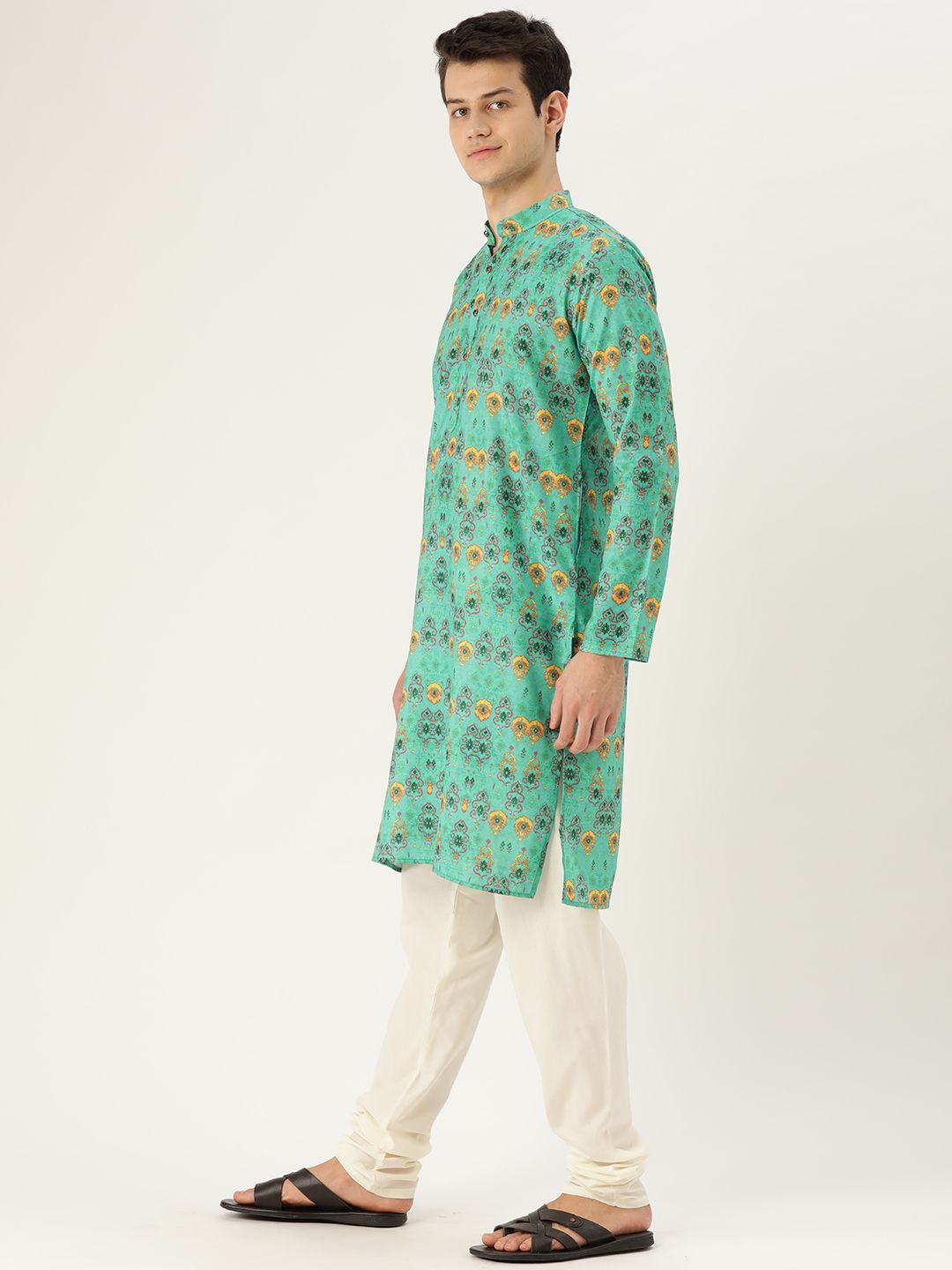 SOJANYA Men Green & Mustard Yellow Ethnic Motif Print Straight Kurta
