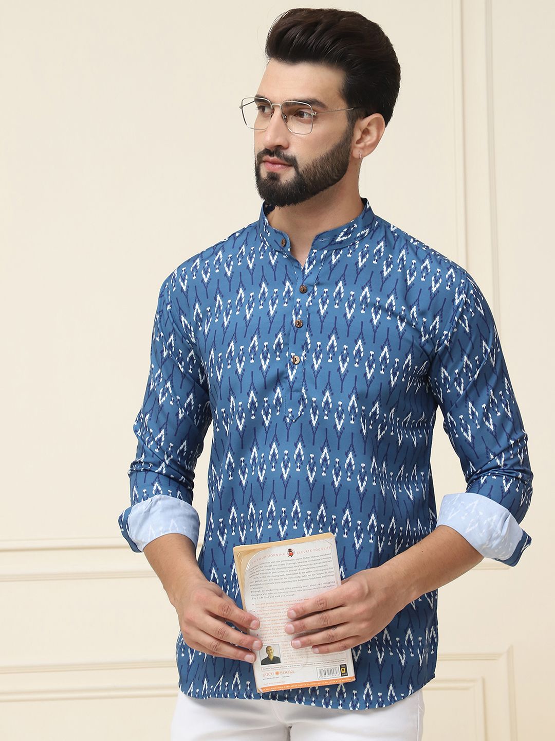 SOJANYA Kurta Bercetak Motif Etnik Biru Teal Lelaki
