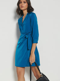 AND Lapel Collar Cuffed Sleeves Tie-Up Detailed A-Line Dress