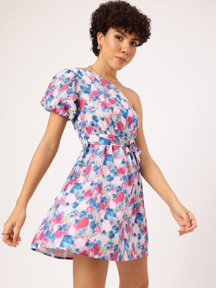 DressBerry Paint me Floral One Shoulder Fit & Flare Dress