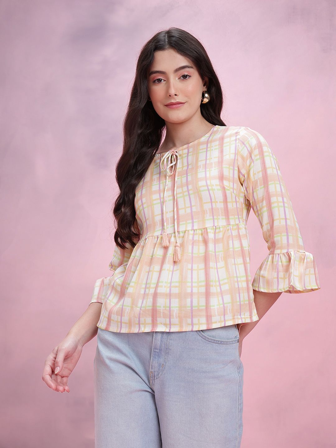 DressBerry Checked Tie-Up Neck Bell Sleeve Top