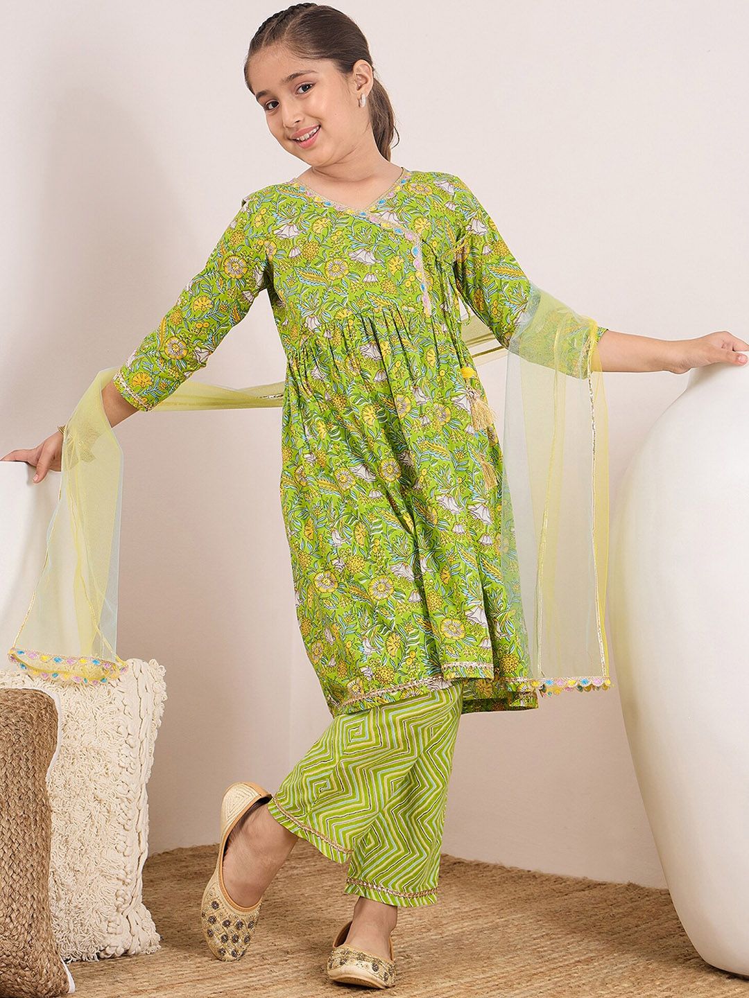 pspeaches Girls Ethnic Motifs Printed Angrakha Pure Cotton Kurta with Trousers & Dupatta