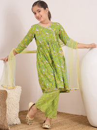 pspeaches Girls Ethnic Motifs Printed Angrakha Pure Cotton Kurta with Trousers & Dupatta
