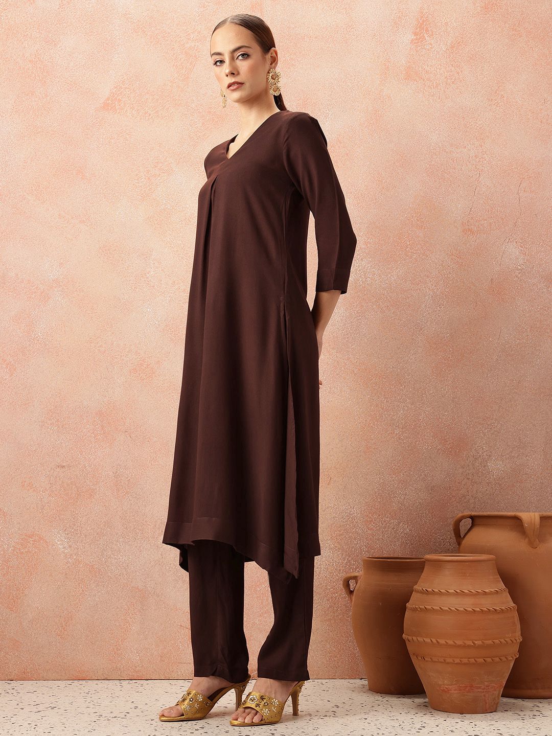 all about you Women Pleated Kurta with Trousers & Mukaish Dupatta