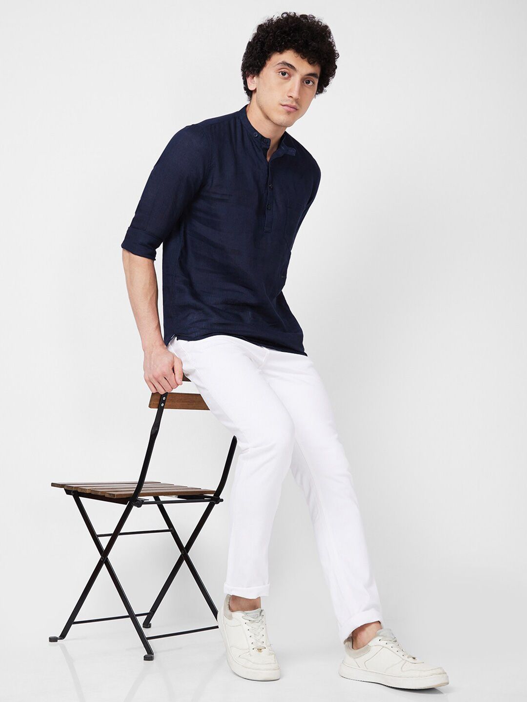 SPYKAR mandarin collar Long Sleeves Casual Linen Shirt