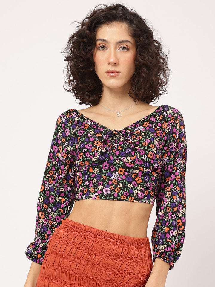 DressBerry Multi Florals Smocked Empire Padded Crop Top