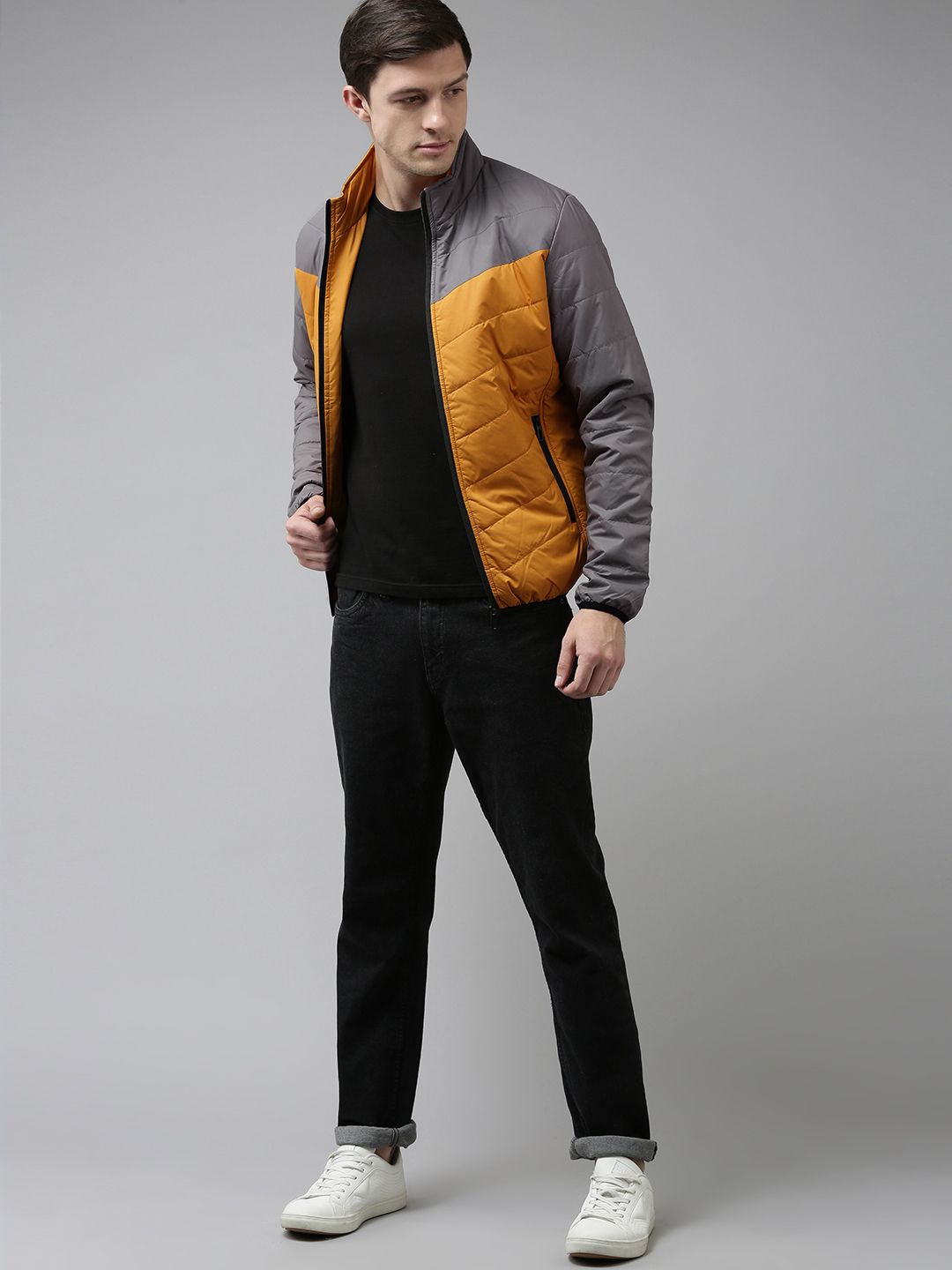 SPYKAR Men Grey & Mustard Yellow Colourblocked Padded Jacket