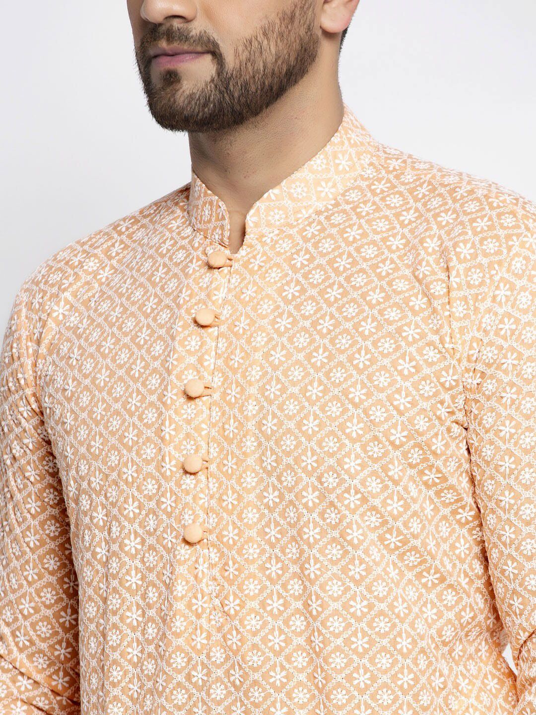 Jompers Men Orange Ethnic Motifs Embroidered Chikankari Pure Cotton Kurta with Pyjamas