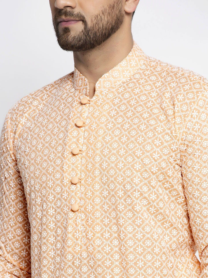 Jompers Men Orange Ethnic Motifs Embroidered Chikankari Pure Cotton Kurta with Pyjamas
