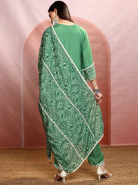 Vishudh Green Embroidered Regular Thread Work Kurta with Trousers & Dupatta