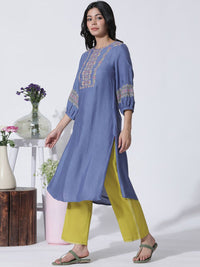 W Floral Embroidered Straight Kurta with Palazzos