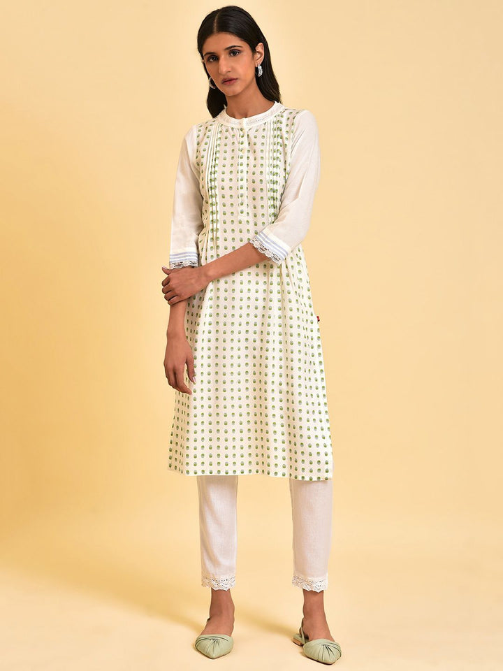 W White & Blue Ethnic Motifs Printed Mirror Work Mandarin Collar Kurta