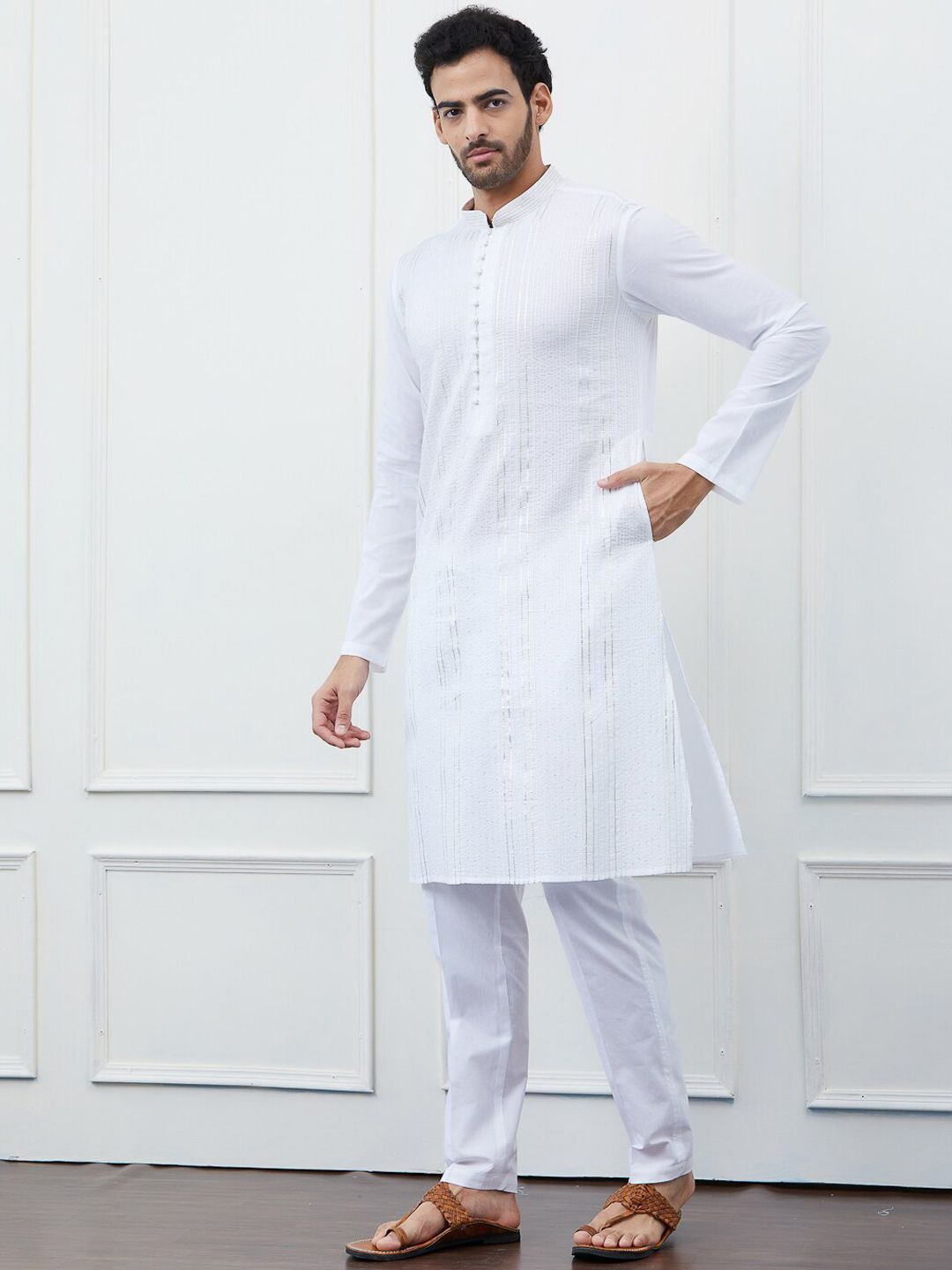 See Designs Striped Mandarin Collar Gotta Patti Cotton Kurta