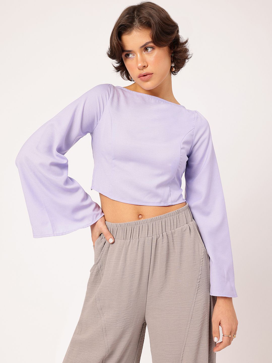 DressBerry Lavender Love Backless Flared Sleeve Crop Top