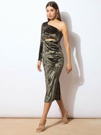 SASSAFRAS Olive Green One Shoulder Cut-Out Velvet Sheath Midi Dress