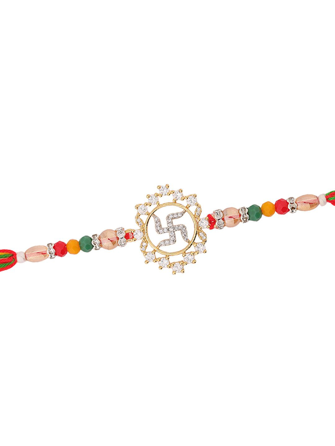 Voylla Radiant Swastika American Diamond Studded & Beaded Thread Rakhi