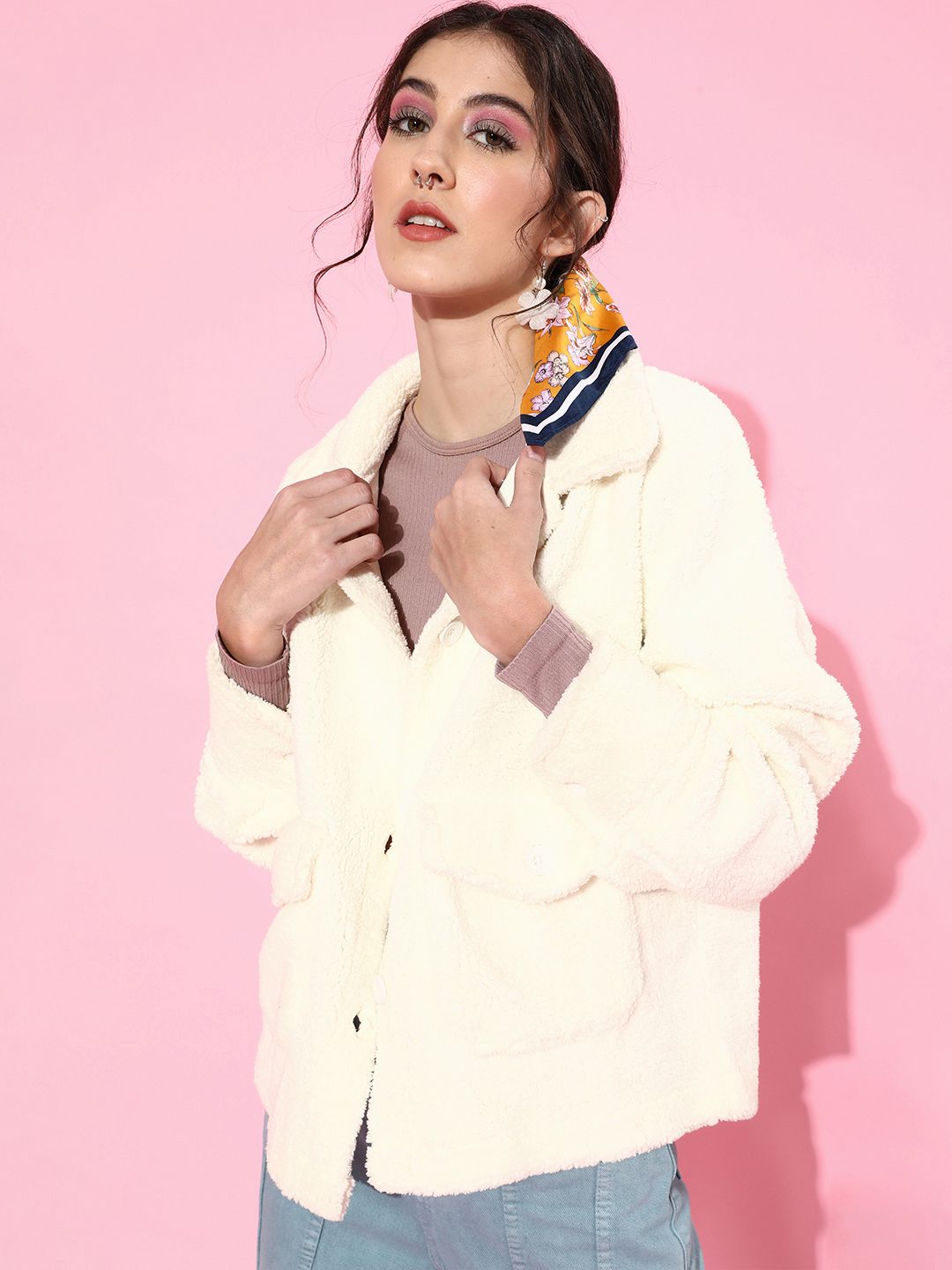 SASSAFRAS Women White Solid Faux Fur Tailored Jacket