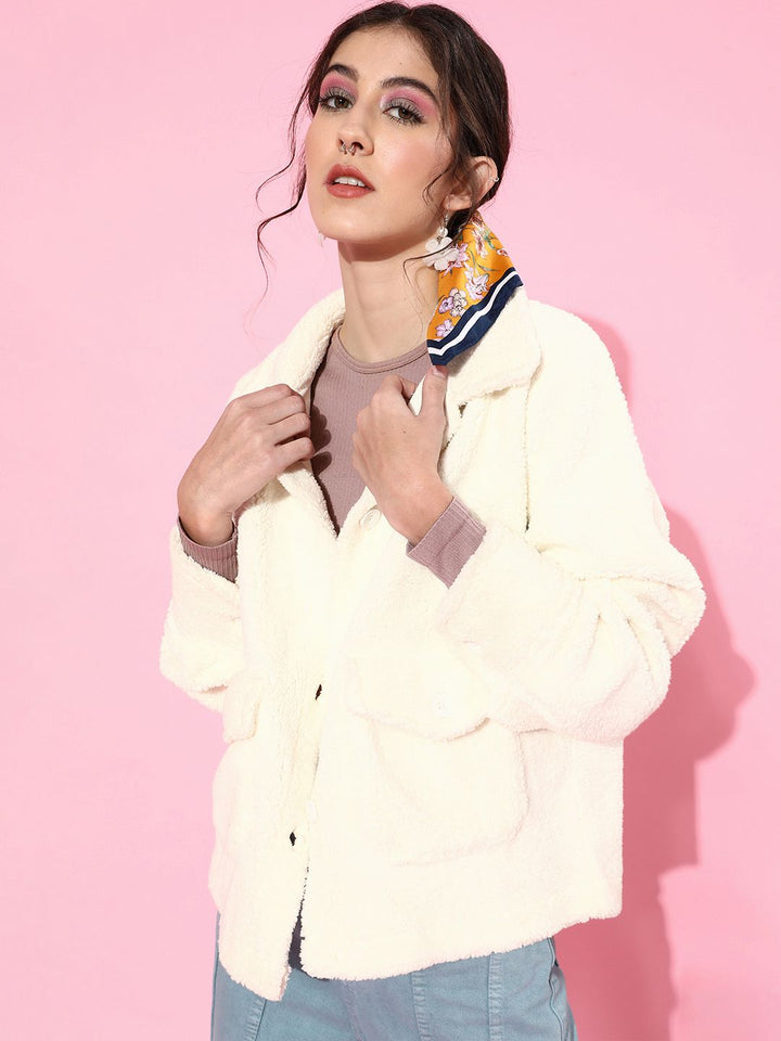 SASSAFRAS Women White Solid Faux Fur Tailored Jacket