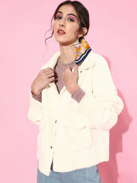SASSAFRAS Women White Solid Faux Fur Tailored Jacket