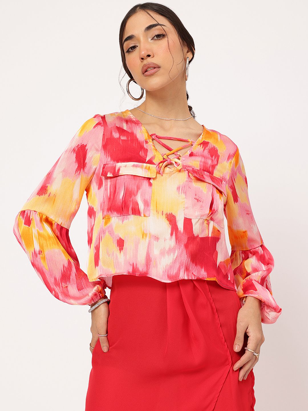 DressBerry Chic & Cheery Criss-Cross Tie-Up Neck Printed Puff Sleeve Top