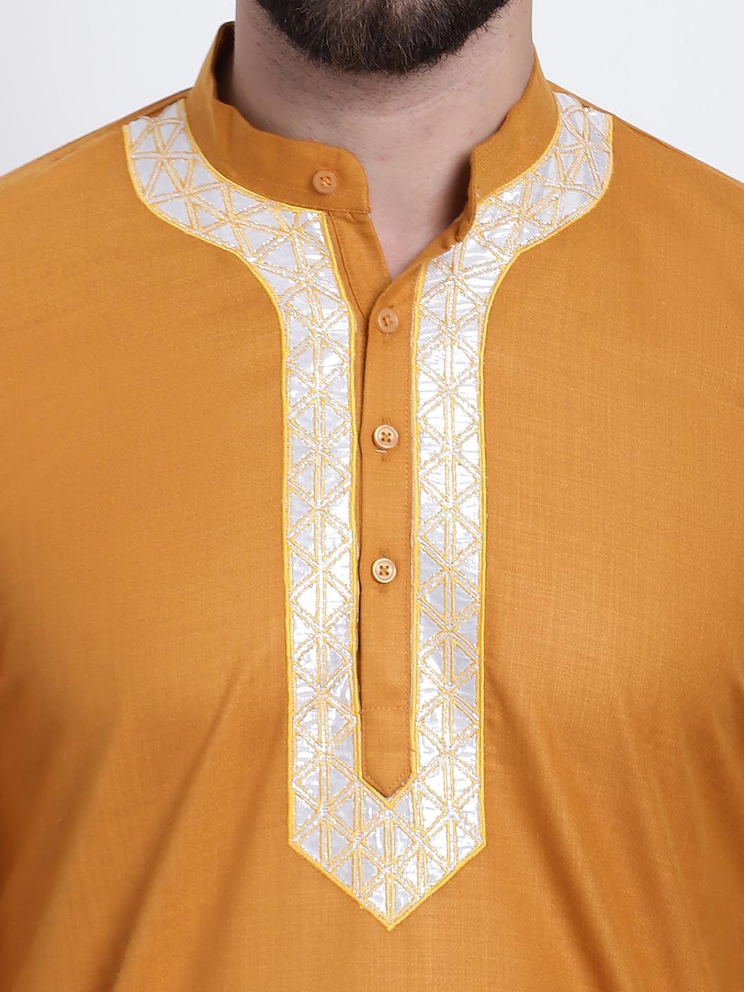 Anug oleh SOJANYA Men Mustard Yellow Yoke Design Patchwork Pure Cotton Kurta