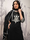 Vishudh Black Floral Embroidered Regular Pure Cotton A-Line Kurta With Trousers & Dupatta