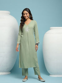 House of Chikankari Women Green Rayon Chikankari Embroidered Kurta Set