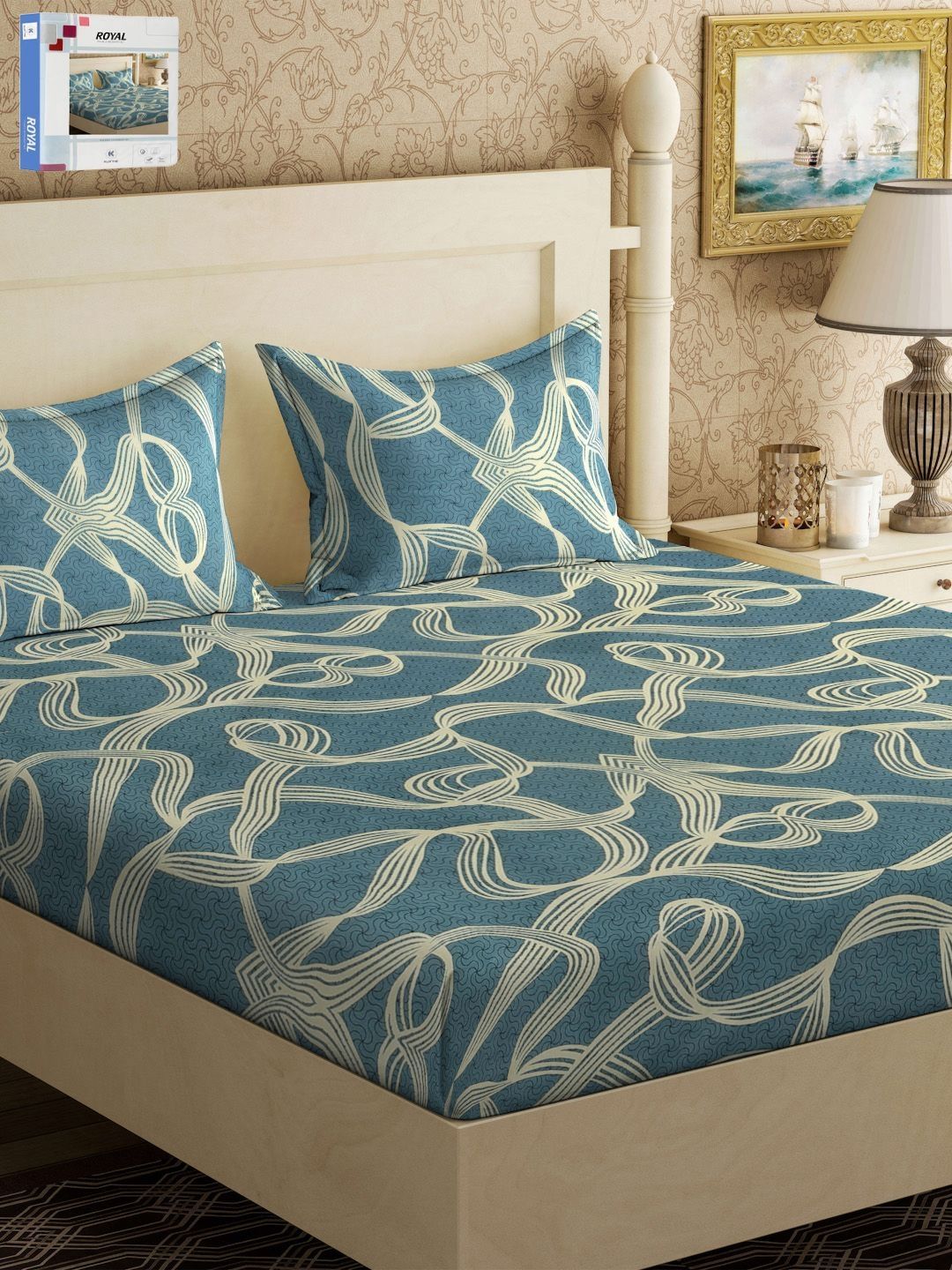 KLOTTHE Biru Turquoise Abstrak Bercetak 300 TC Cadar King Double Dengan 2 Sarung Bantal