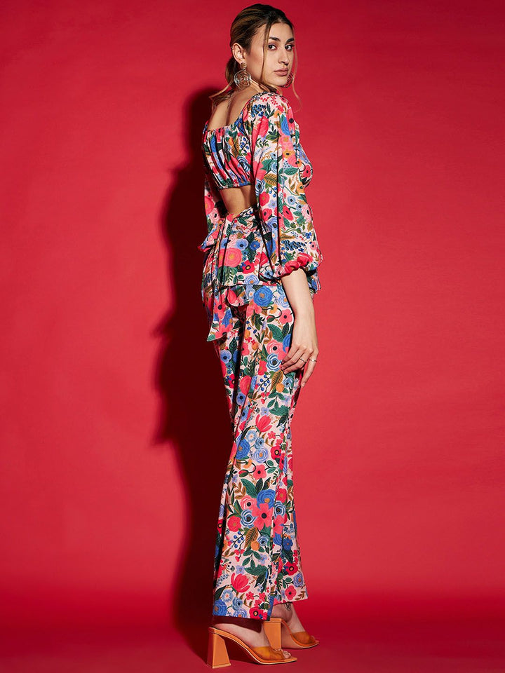 Sassafras Multicolor Floral Printed Peplum Top & Trousers Co-Ords
