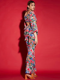 Sassafras Multicolor Floral Printed Peplum Top & Trousers Co-Ords