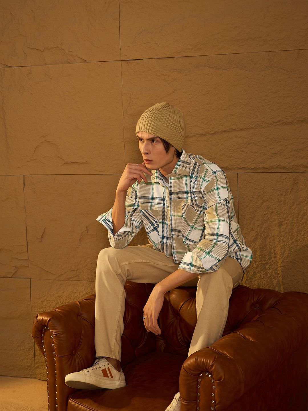 DENNISON Men Double Pocket Drop Shoulder Oversized Cotton Checked Shacket