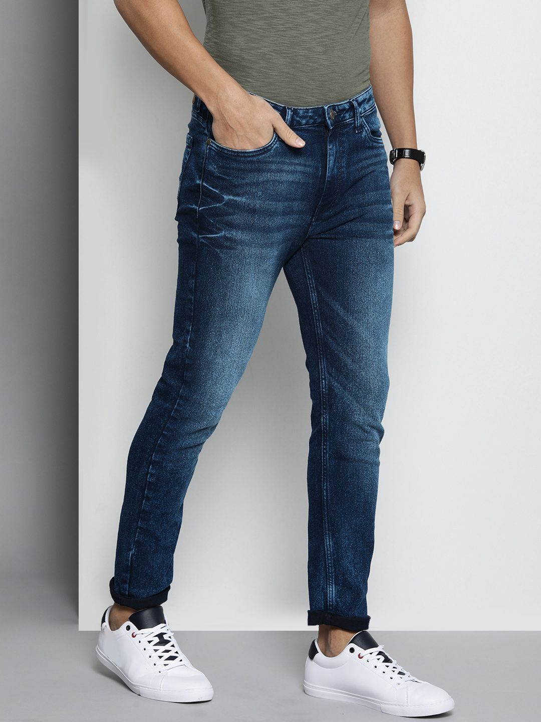 The Indian Garage Co Men Navy Blue Slim Fit Heavy Fade Stretchable Jeans